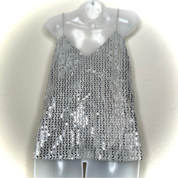 Lost + Wander Silver Cevron Tank Top Size S Metallic Cocktail 90s Disco Party - Picture 7 of 11